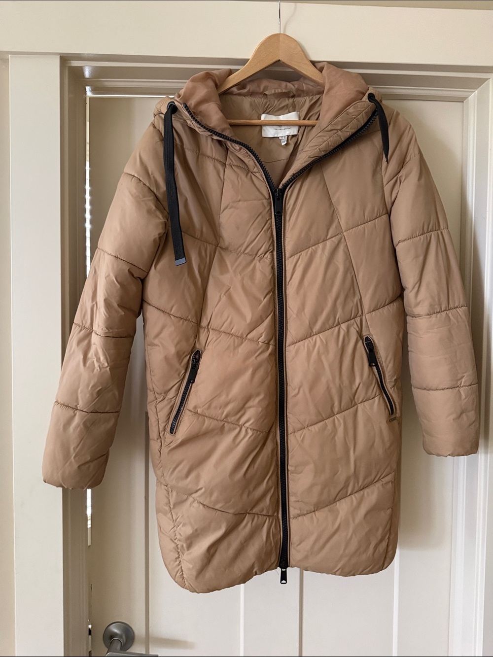 Women's Long Tan Puffer Coat with Hood